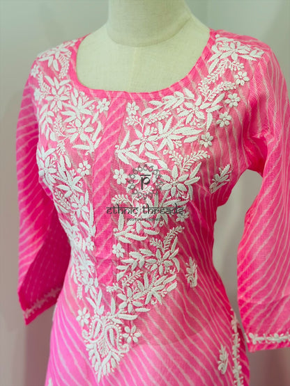 Chikankari Long Kurta In Kota - Pink
