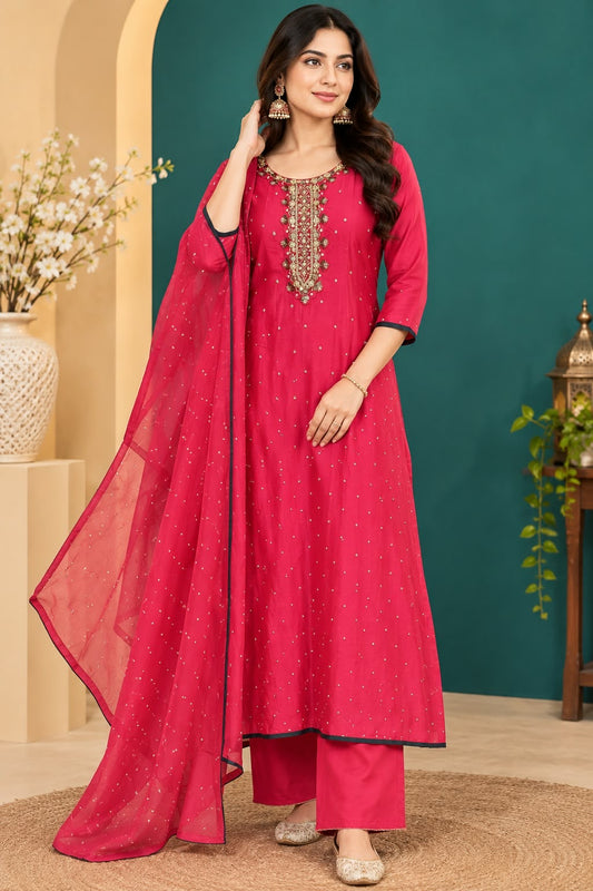 Raspberry Pink Embroidered Kurta Set with Dupatta