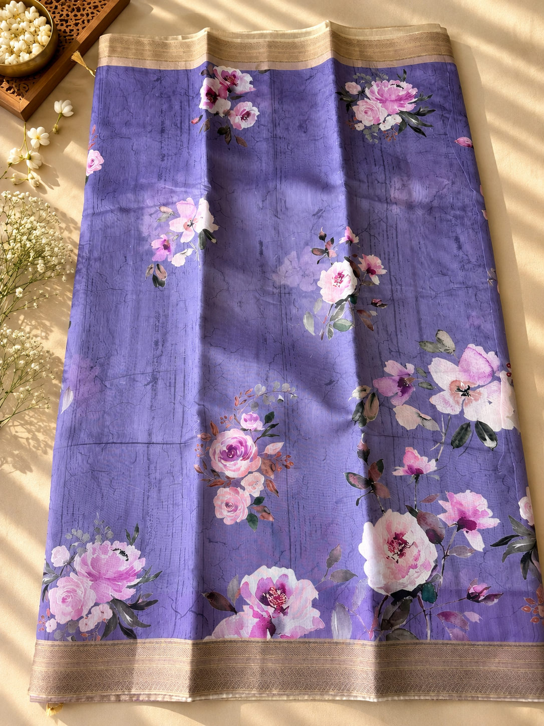 Floral Tissue Saree with Gold Border