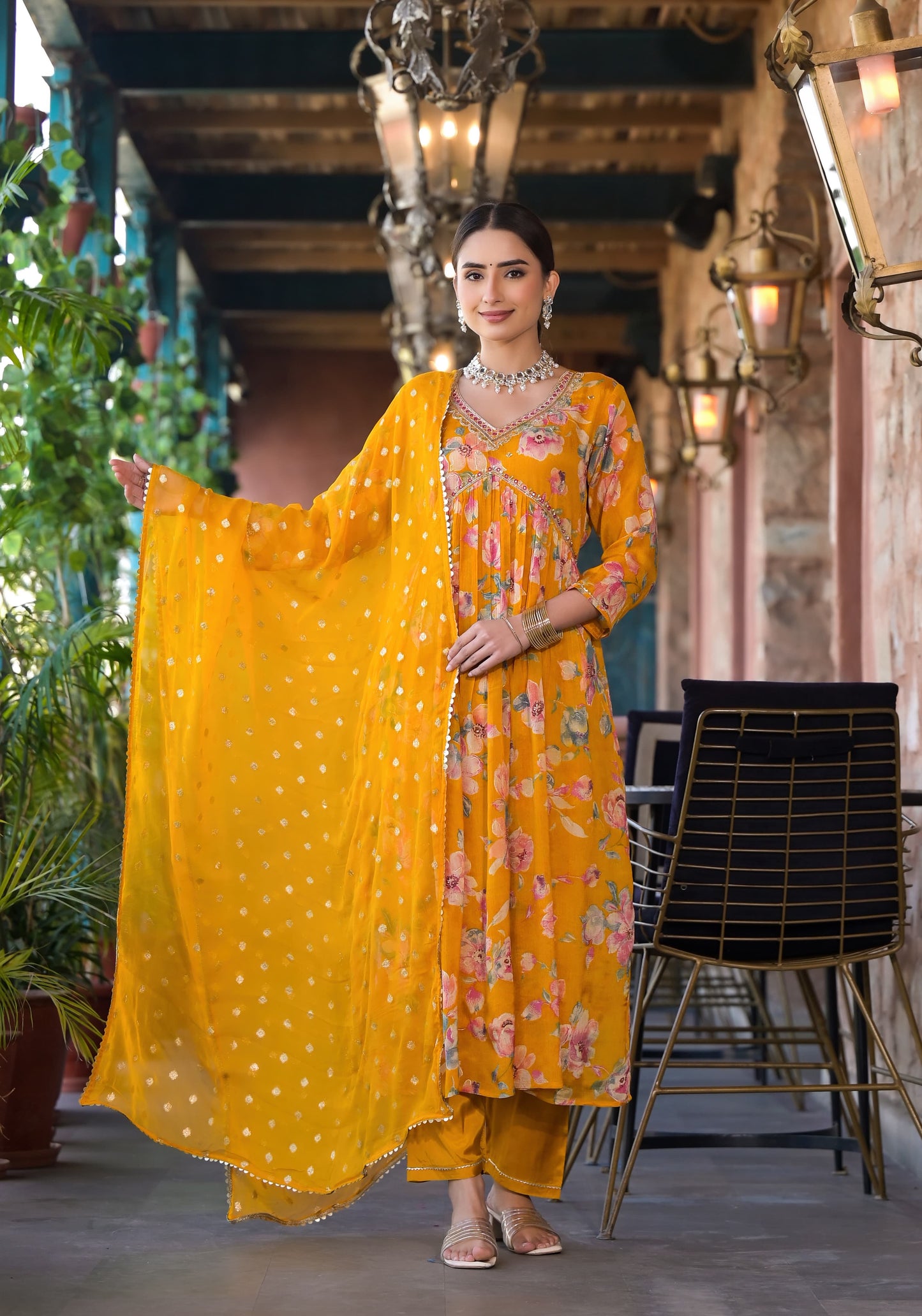 Orange Georgette Kurta Set with Embroidery, V-Neck, and Three-Quarter Sleeves