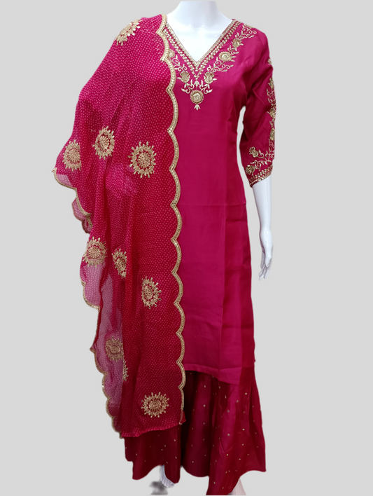 Magenta Gharara Set with Zardosi with Three-Quarter Sleeves