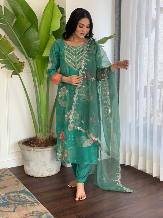 Green Printed Silk Salwar Set with Zardosi , U-Neck, and Three-Quarter Sleeves