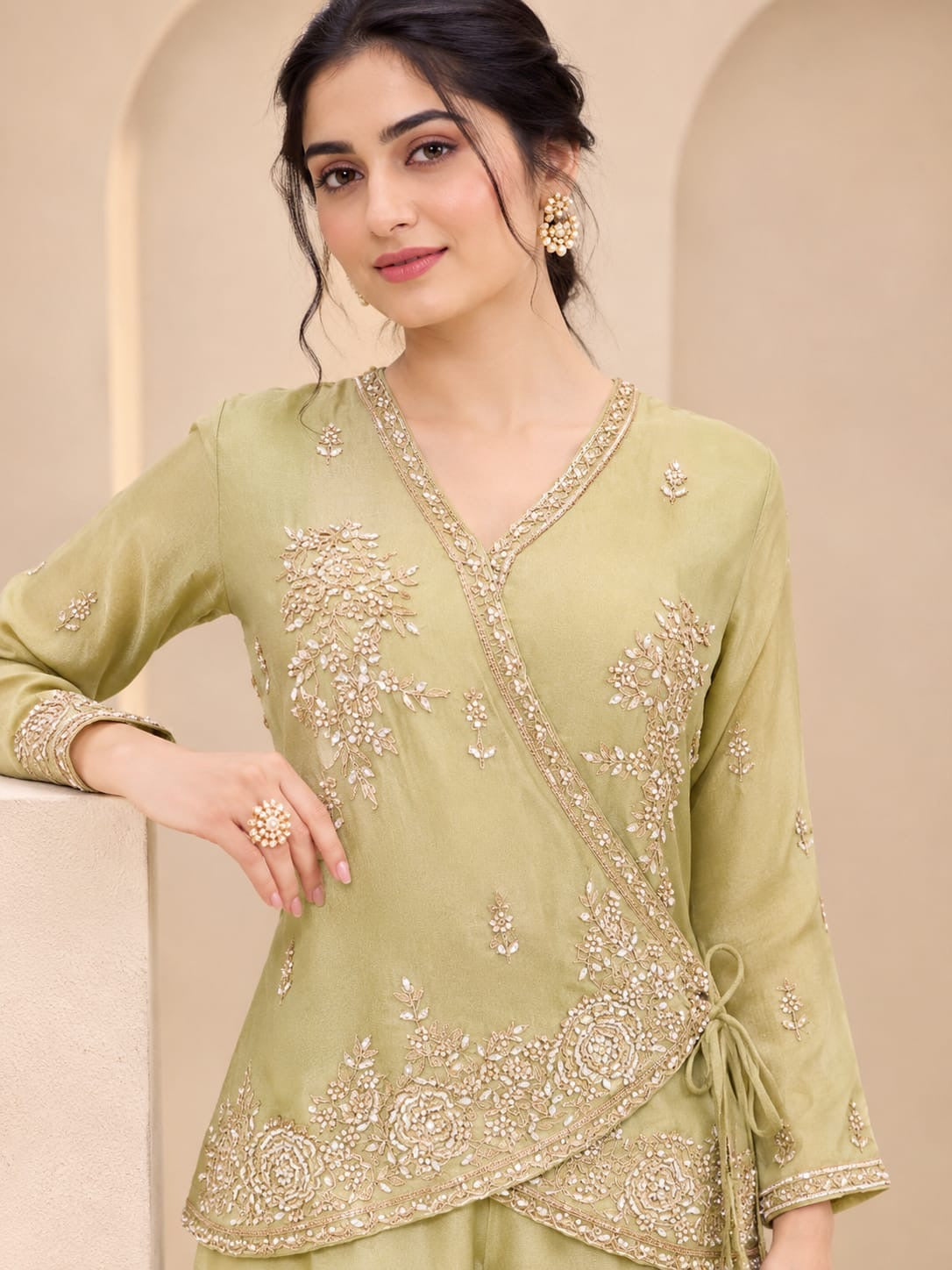 Sage Green Embroidered Wrap-Style Kurta