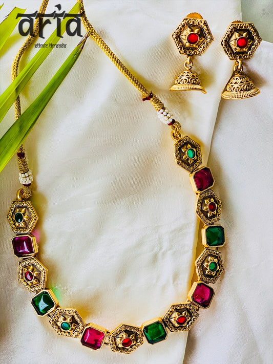 Antique Matt Gold Necklace Set with Precious Stones- Pink & Emerald