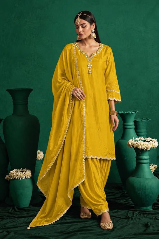 Mustard Yellow Embroidered Salwar Suit Set