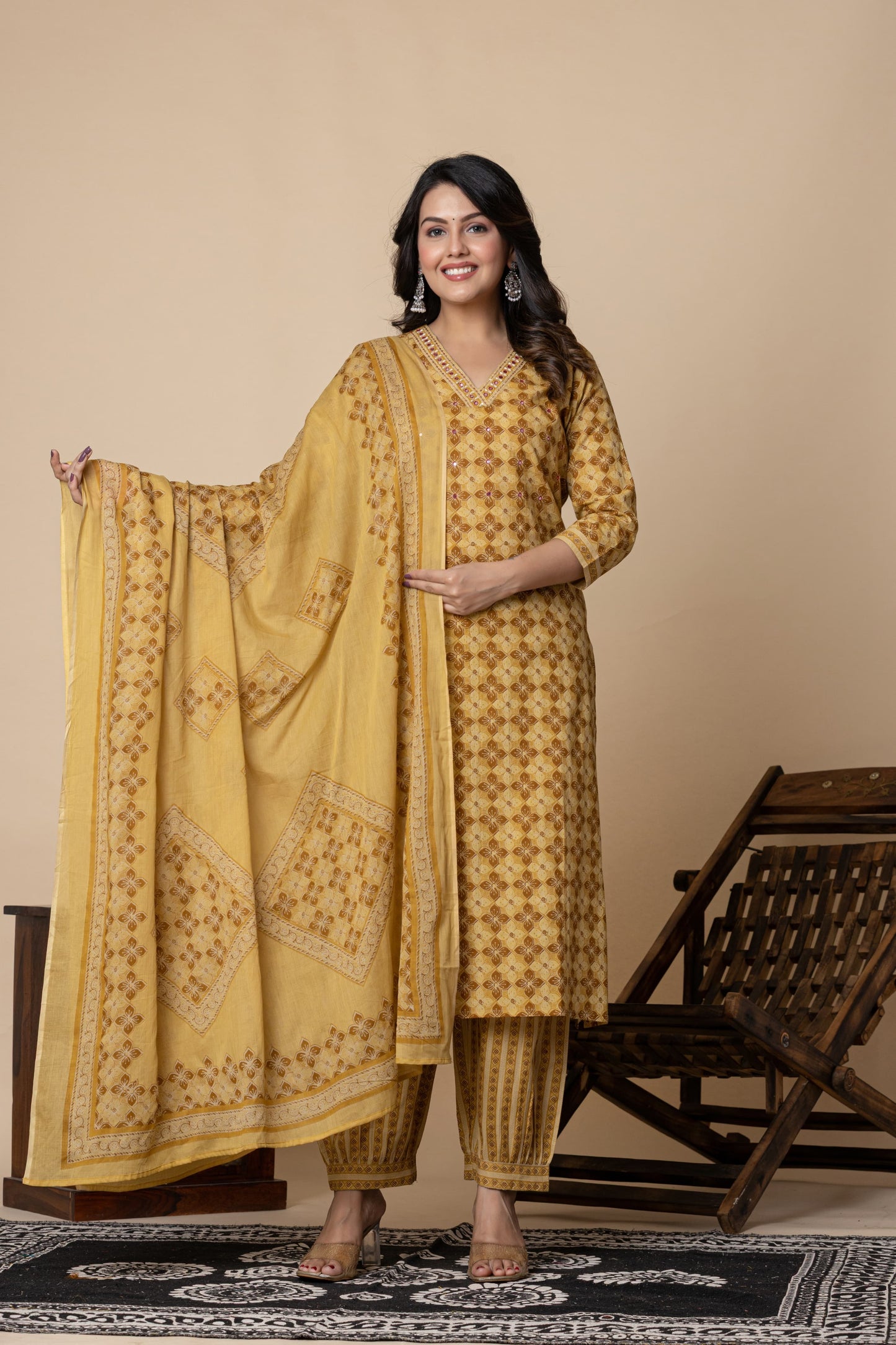 Mustard Cotton Printed Suit Set