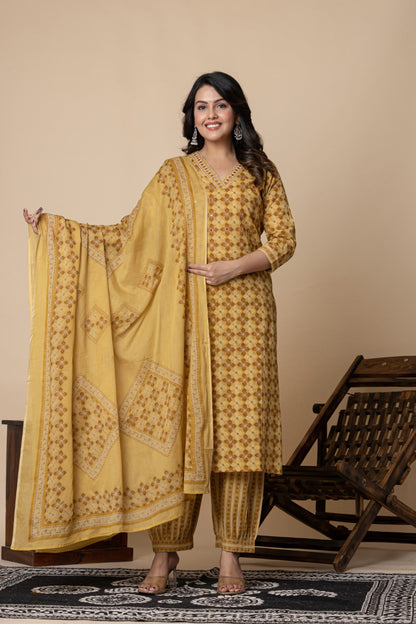 Mustard Cotton Printed Suit Set