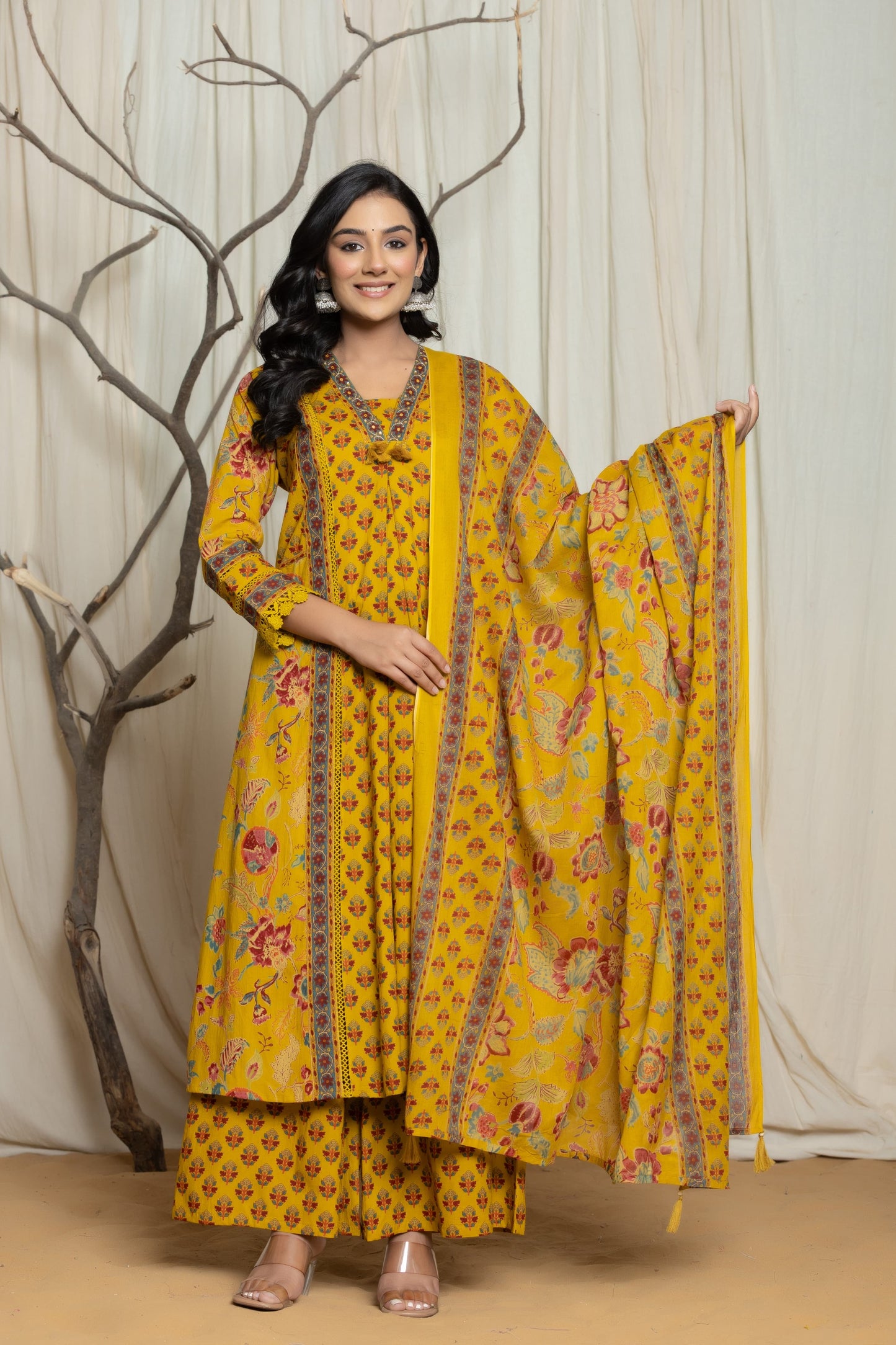Mustard Yellow Cotton Flared Kurta with Palazzo Pants