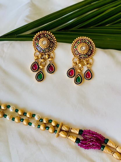 Temple Long Necklace Meenakari set- Ruby & Green Stones