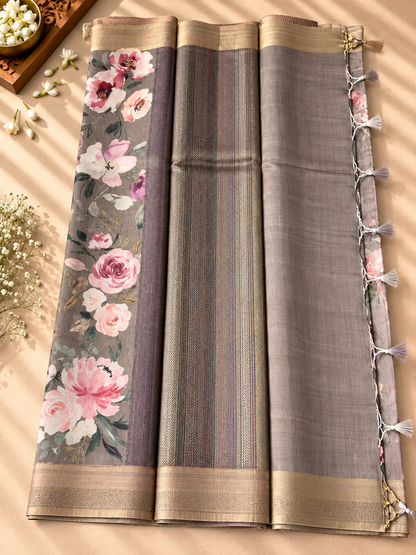 Floral Tissue Saree with Gold Border