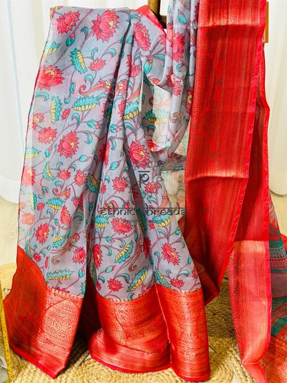 Silk Cotton Saree with Floral Prints & Zari Border