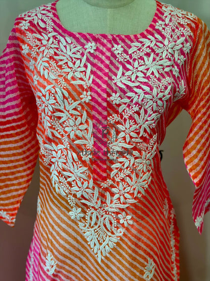 Chikankari Long Kurta In Kota - Orange