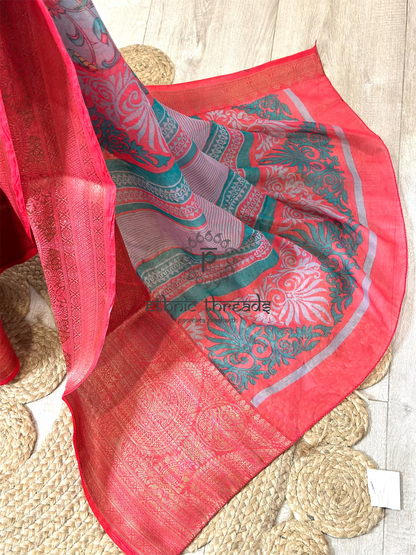 Silk Cotton Saree with Floral Prints & Zari Border