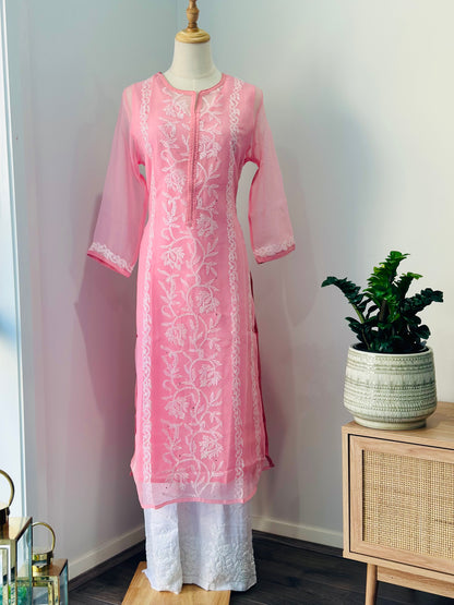 Chikankari Long Kurta In Georgette - Pink