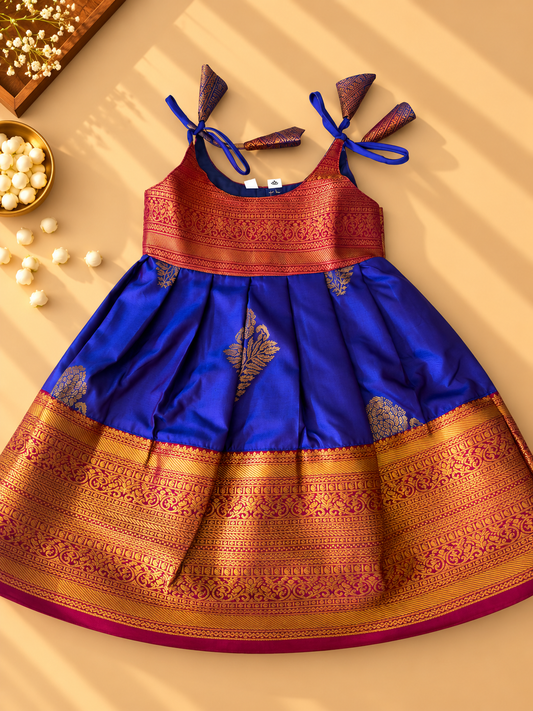 Royal Blue & Maroon Pure Kanchipuram Silk Infant Pinafore Gown
