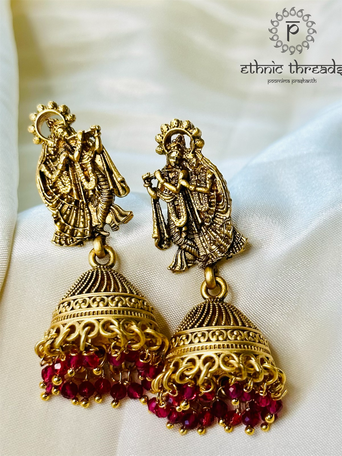 Radha & Krishna Antique Temple Necklace set - Ruby Red