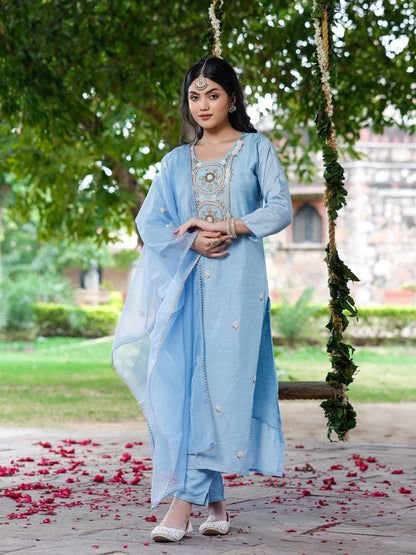 Pastel Blue Silk Salwar Set with Zardosi , and Three-Quarter Sleeves