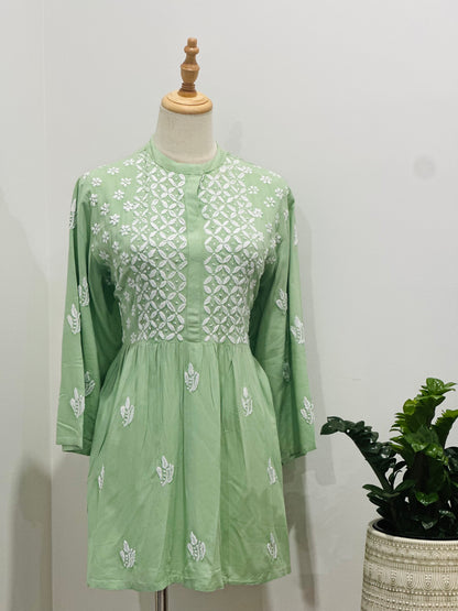 Lucknowi Chikankari  Cotton Women's Flared Short Kurta - Mint Green