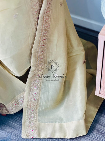 Gold Glossy Soft Tissue  Saree And Blouse