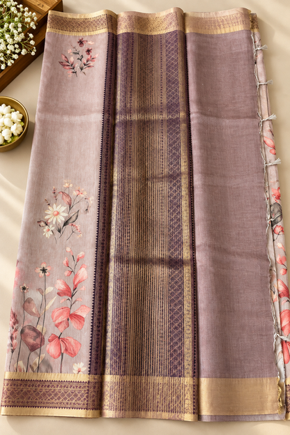 Floral Tissue Saree with Gold Border