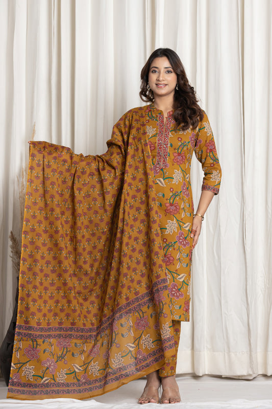 Mustard Floral Block Printed Salwar Set