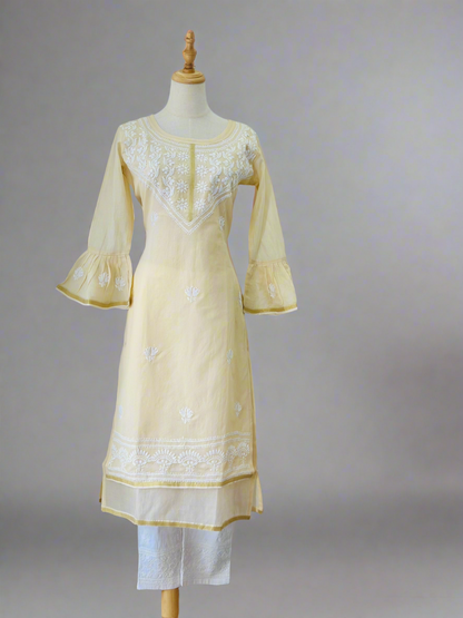 Chikankari Long Kurta In Cotton - Cream