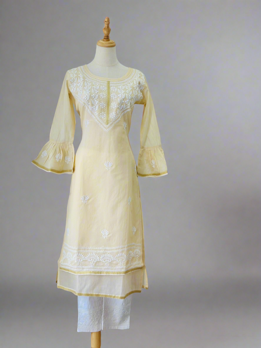 Chikankari Long Kurta In Cotton - Cream