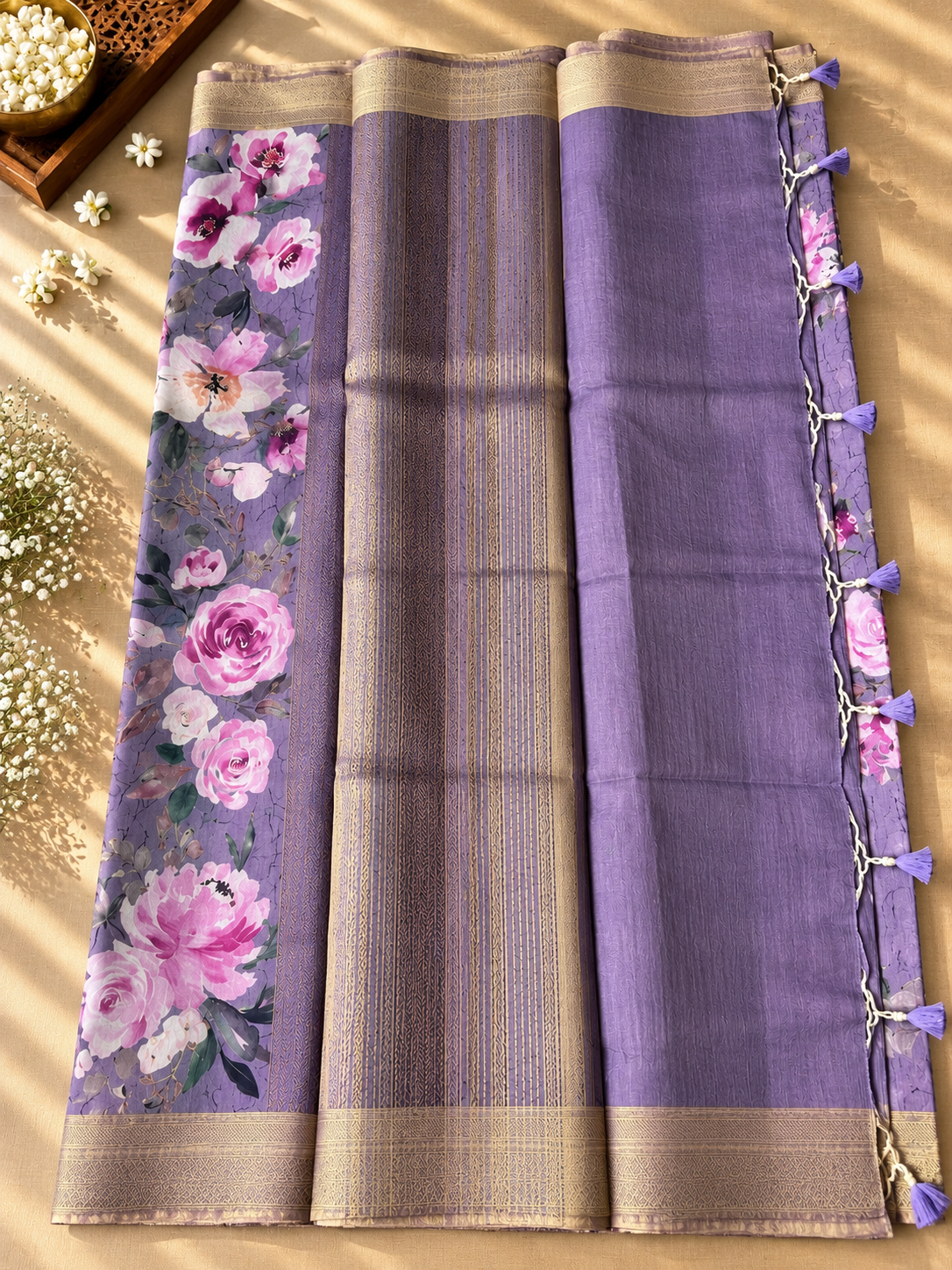Floral Tissue Saree with Gold Border
