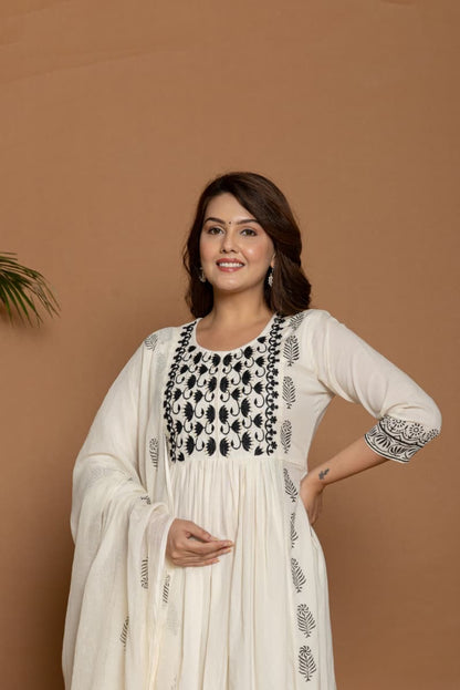 White & Black Handblock Cotton Anarkali Set