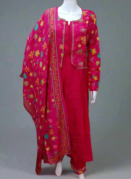 Pink Anarkali Salwar Set with Zardosi , V-Neck, and Three-Quarter Sleeves