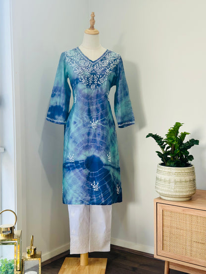 Chikankari Kurta In Tie-Dye Silk Cotton -Teal/Violet