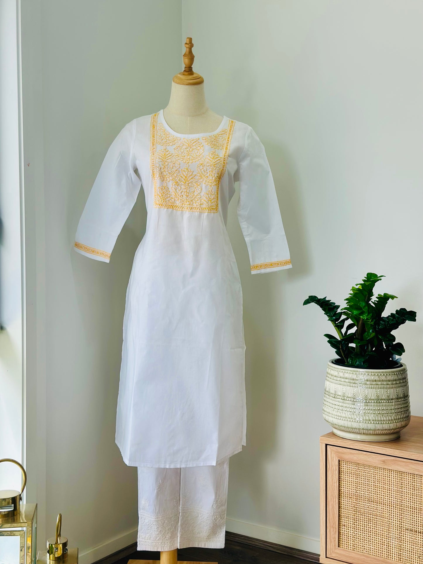 Chikankari Long Kurta In Cotton - White/ Yellow
