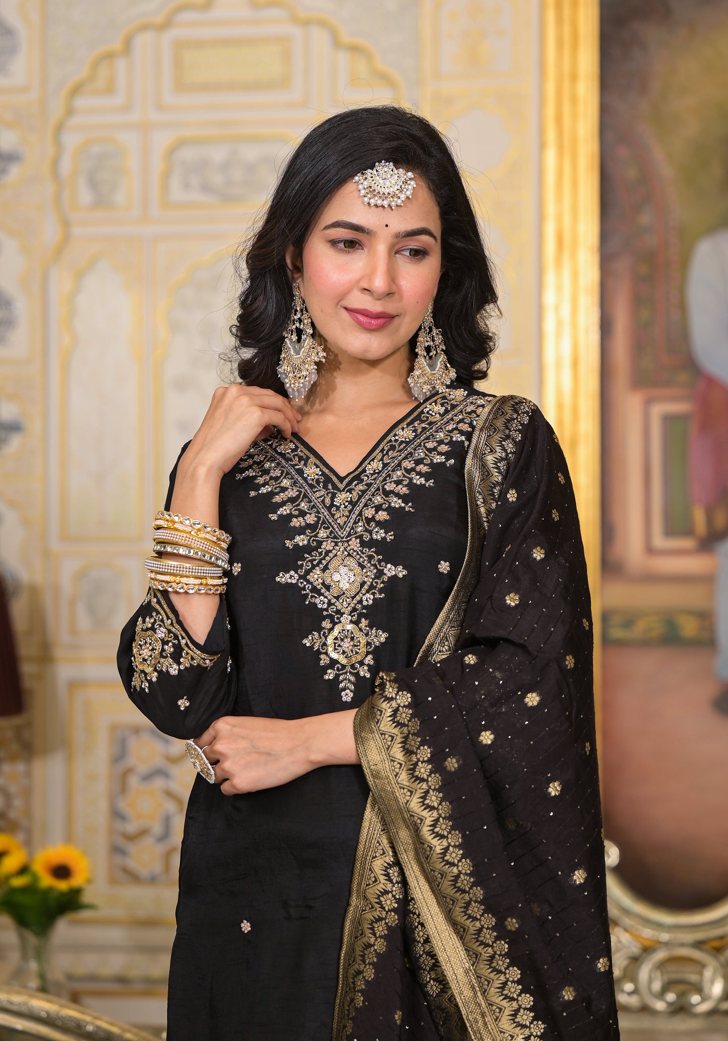 Black Silk Salwar Set with Zardosi , V-Neck, and Three-Quarter Sleeves