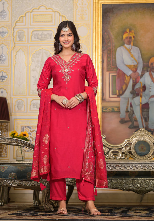 Hot Pink  Silk Salwar Set with Zardosi , V-Neck, and Three-Quarter Sleeves