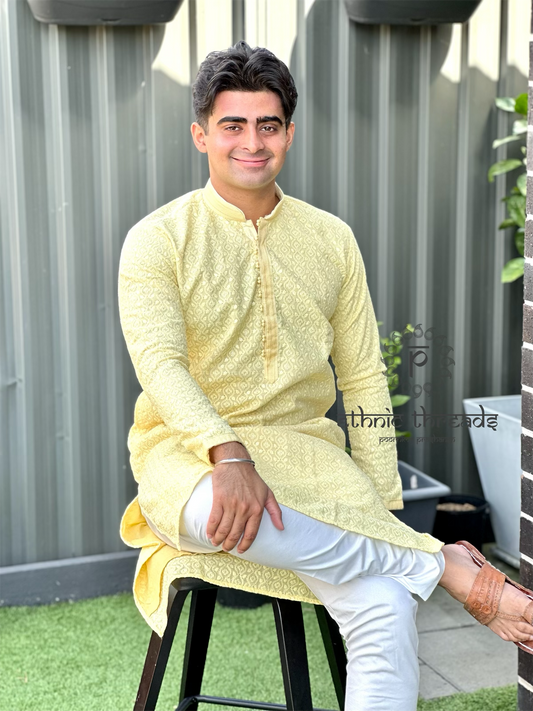 Chikankari for Men Long Kurta-Lemon Yellow