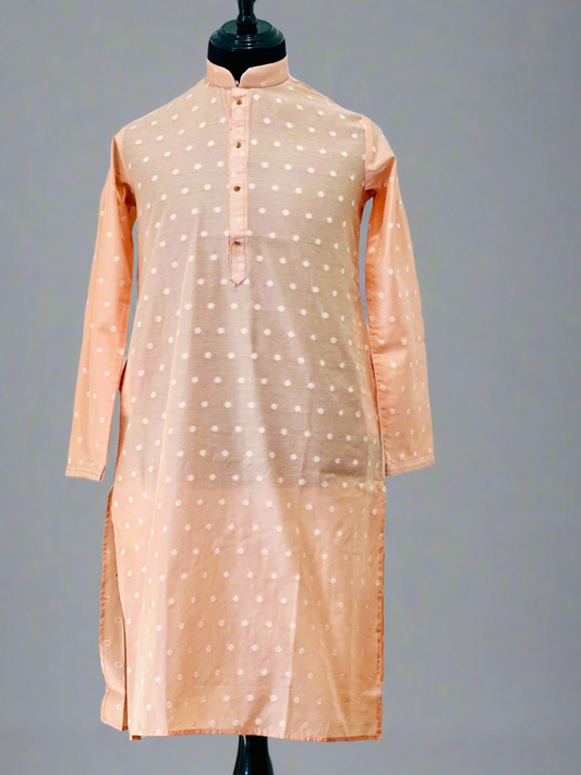Printed Cotton Mens Long Kurta- Peach