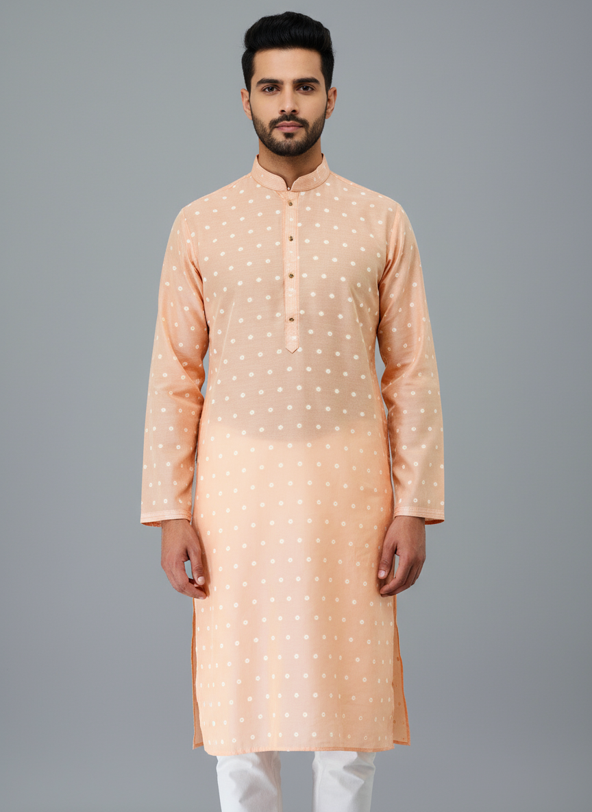 Printed Cotton Mens Long Kurta- Peach