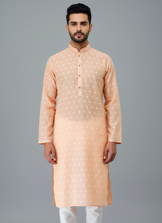 Printed Cotton Mens Long Kurta- Peach