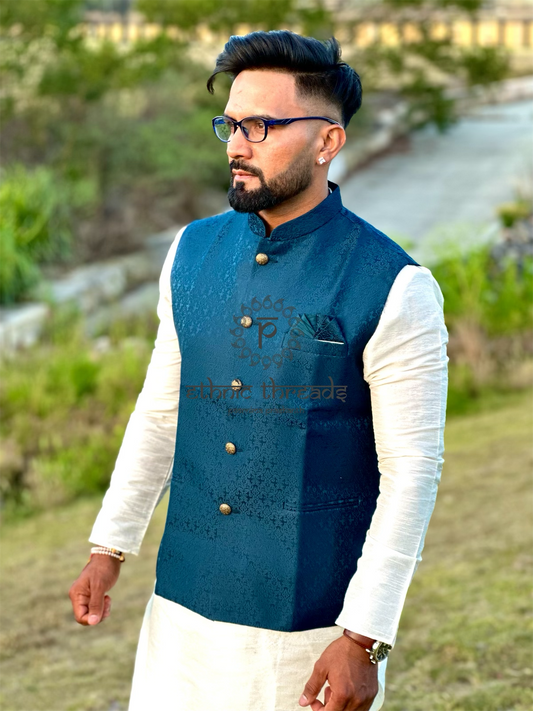 Teal Blue Jacquard Ethnic  Nehru Jacket