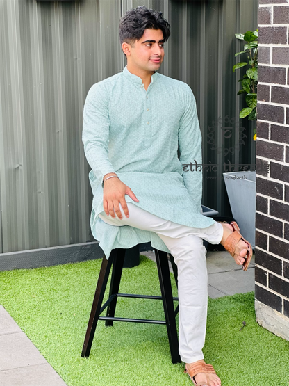 Chikankari for Men Long Kurta-Green