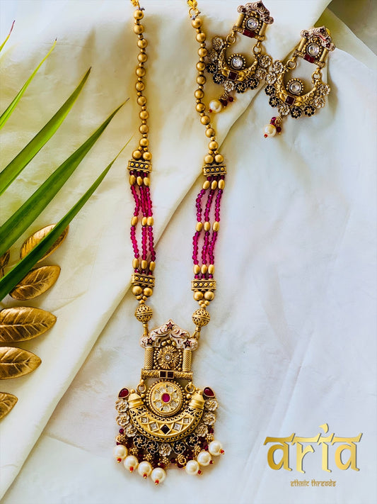 Temple Long Necklace Meenakari Kundan Set-Ruby Stones