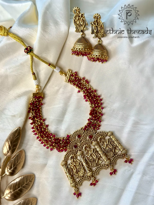 Radha & Krishna Antique Temple Necklace set - Ruby Red