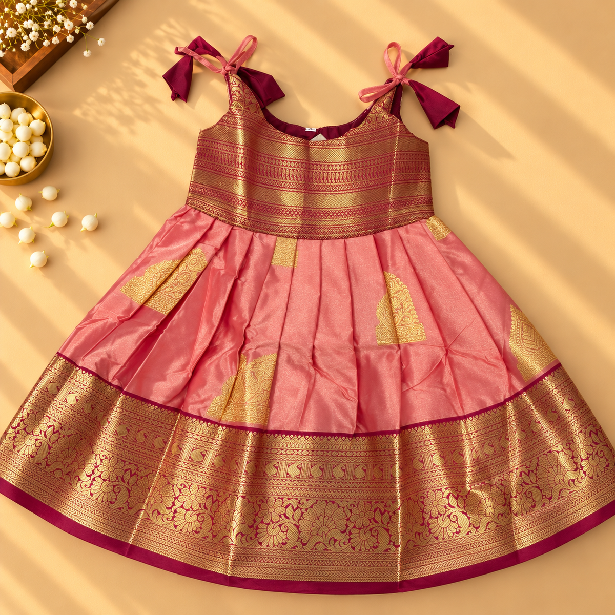 Baby Pink Pure Kanchipuram Silk Infant Pinafore Gown