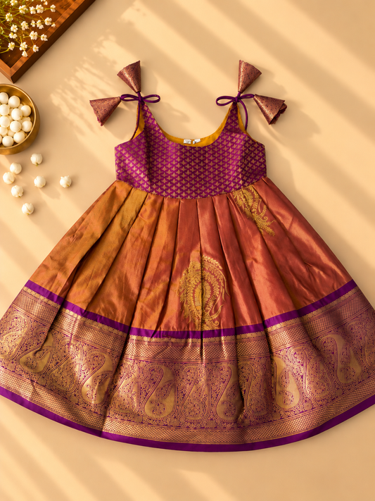 Copper & Royal Purple Pure Kanchipuram Silk Infant Pinafore Gown