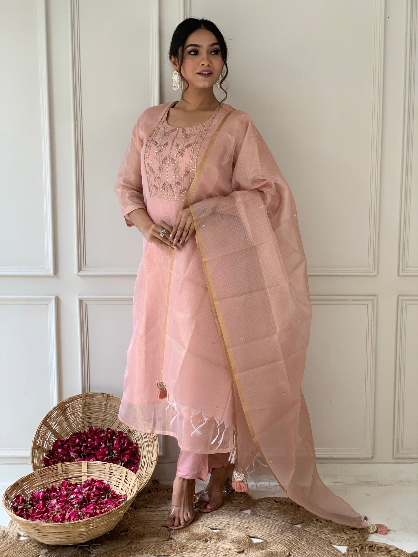 Pastel Pink Tissue Silk Salwar Set with Zardosi , and Three-Quarter Sleeves