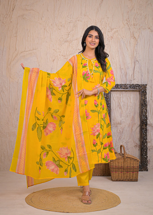 Yellow Floral Handblock Cotton Anarkali Set