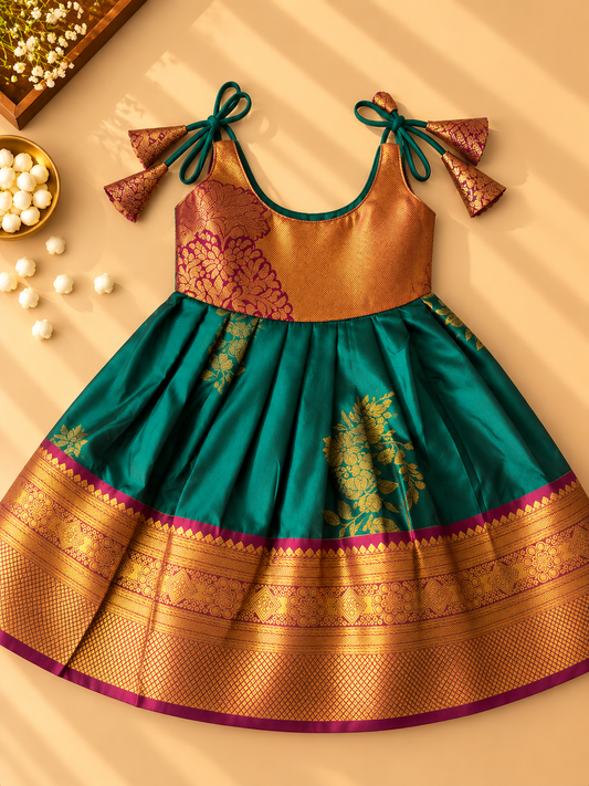 Emerald Green & Copper Gold Pure Kanchipuram Silk Infant Pinafore Gown