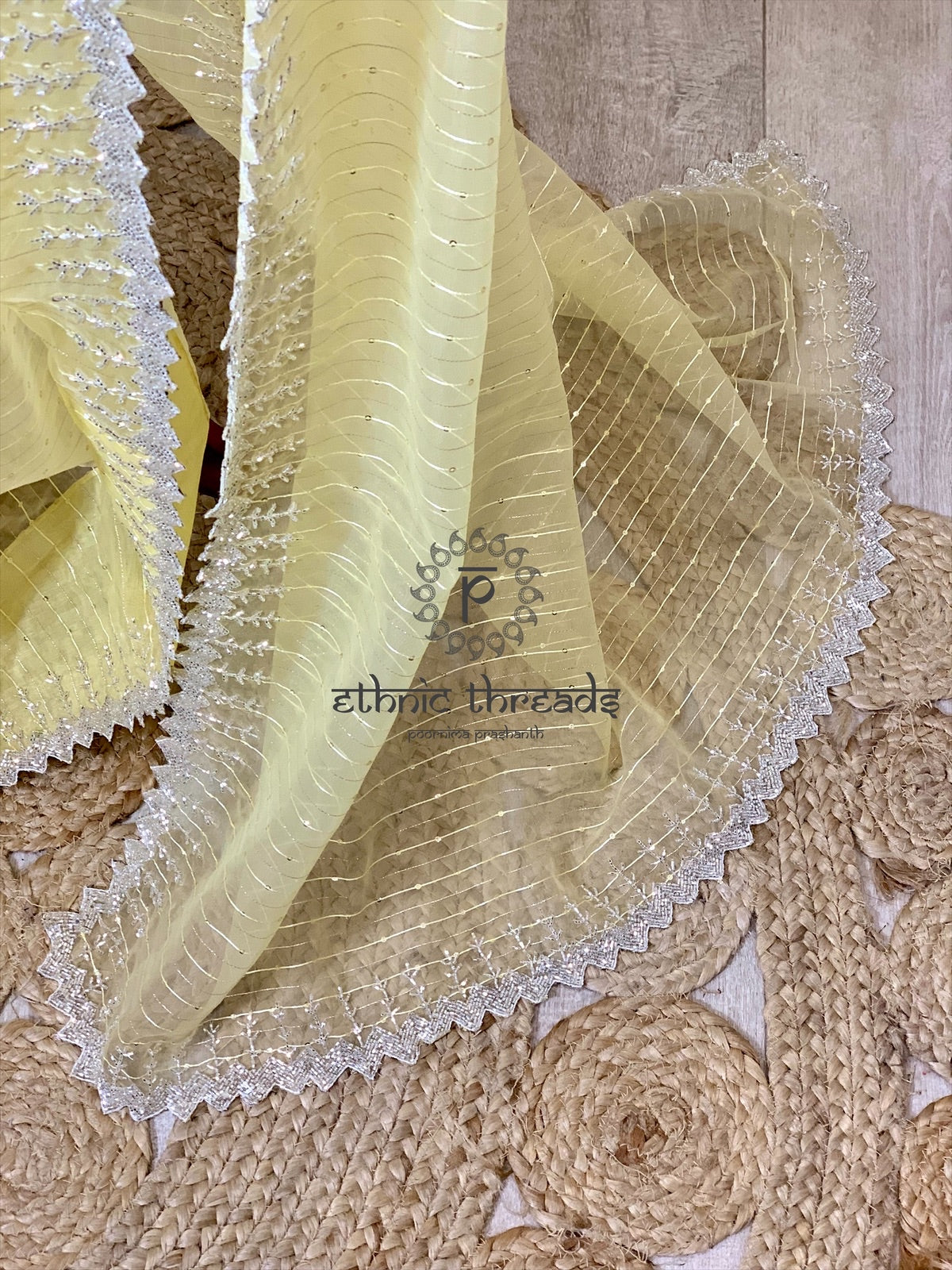 Lemon Yellow Zardozi Hand Embroidered Saree And Blouse