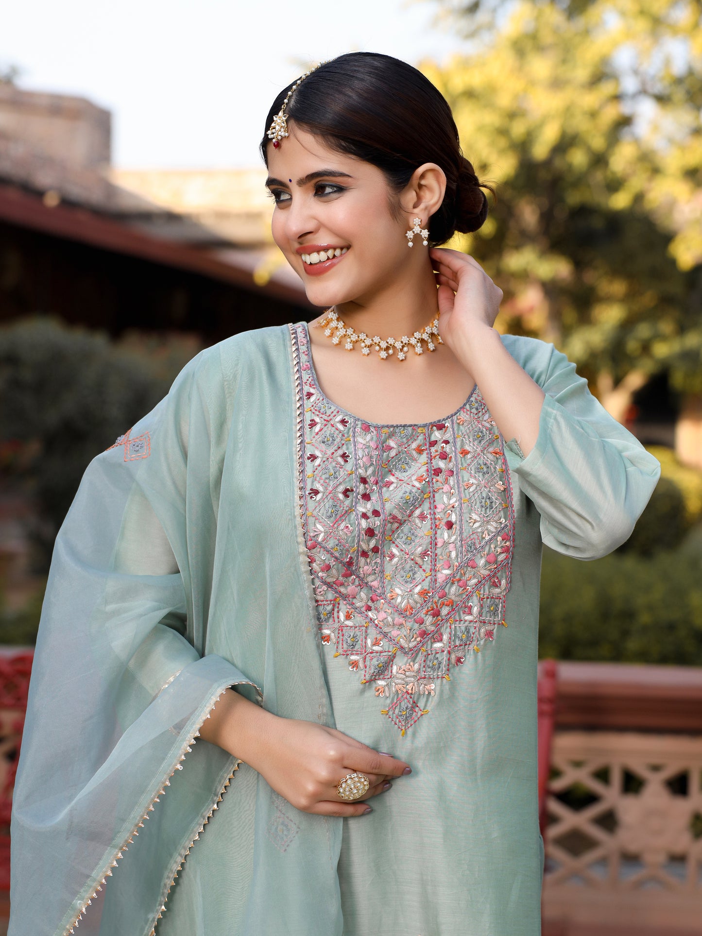 Pastel Green Salwar Set with Hand Embroidery