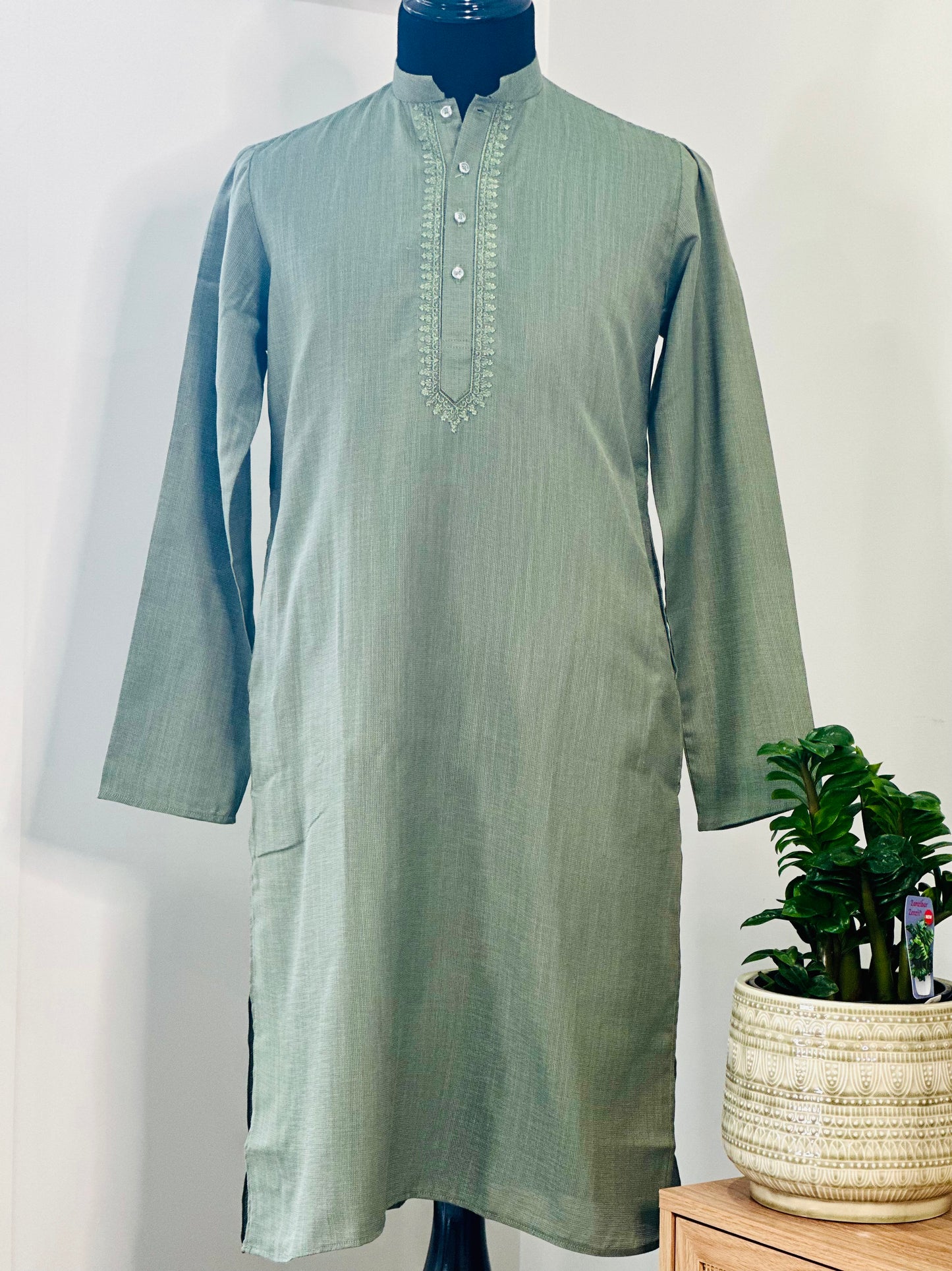 Cotton Mens Long Kurta- Olive